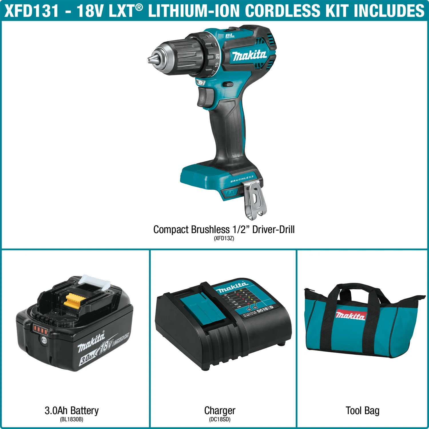 Makita XFD131 18V LXT Lithium-Ion Brushless Cordless 1/2 in. Driver-Drill Kit (3.0Ah) (Factory Serviced)