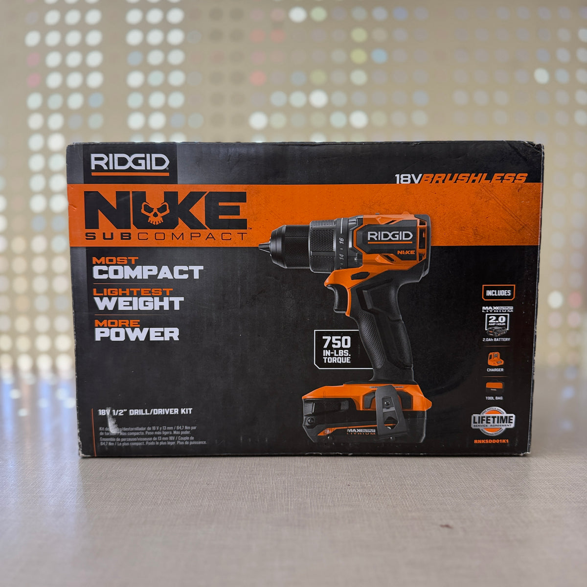 RIDGID 18V Brushless Nuke Subcompact 1/2" Drill/Driver Kit w/ 2.0Ah Battery, Charger & Tool Bag