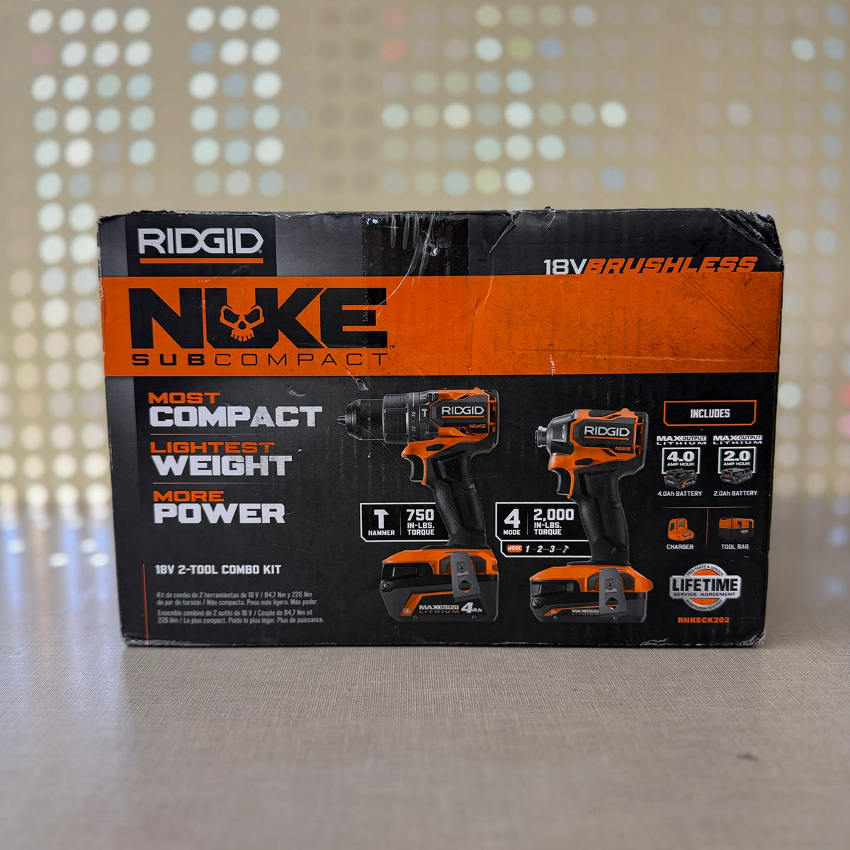 RIDGID 18V Brushless Nuke Subcompact 2-Tool Combo Kit — 1/2" Hammer Drill + 1/4" Impact Driver w/ 4.0Ah & 2.0Ah Batteries