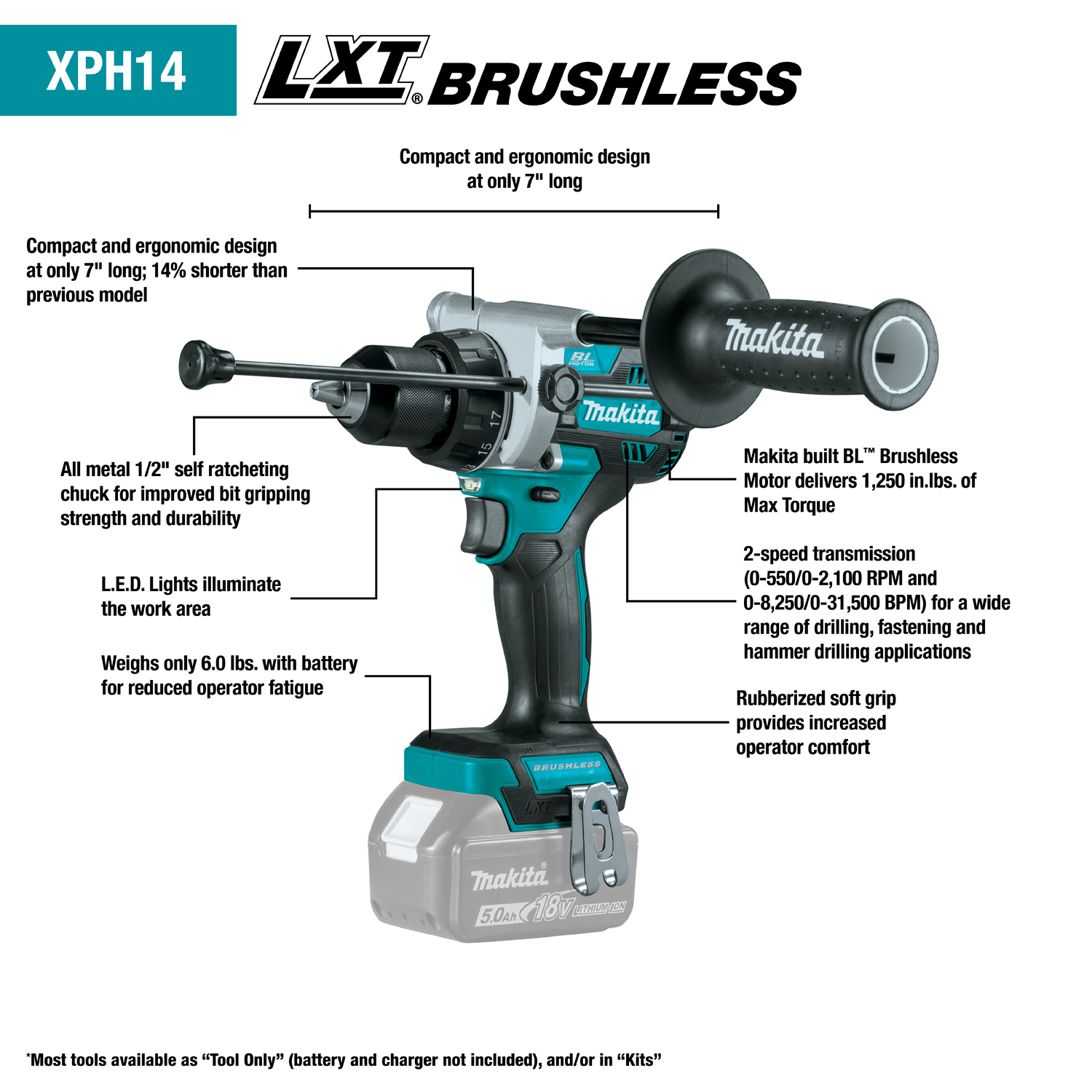 Makita XT288T-B 18V LXT® Lithium‑Ion Brushless Cordless 2‑Pc. Combo Kit (5.0Ah)