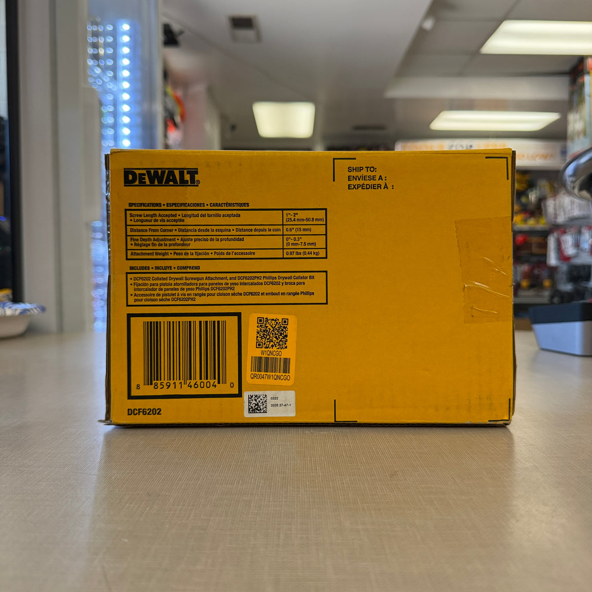 Back of DEWALT DCF6202 drywall screwgun attachment box with specifications and UPC barcode