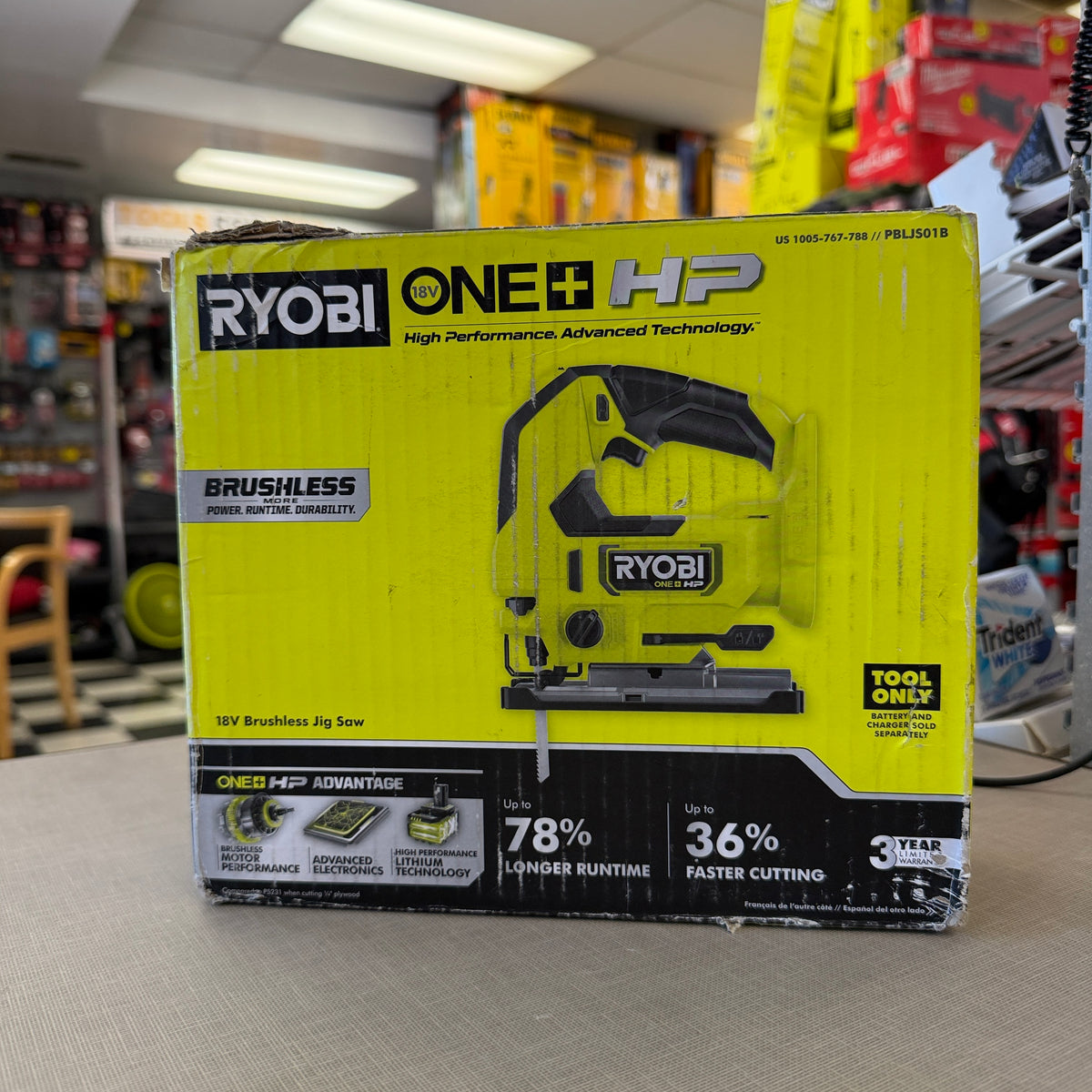 RYOBI PBLJS01B ONE+ HP 18V brushless cordless jig saw, tool only, in retail box front view