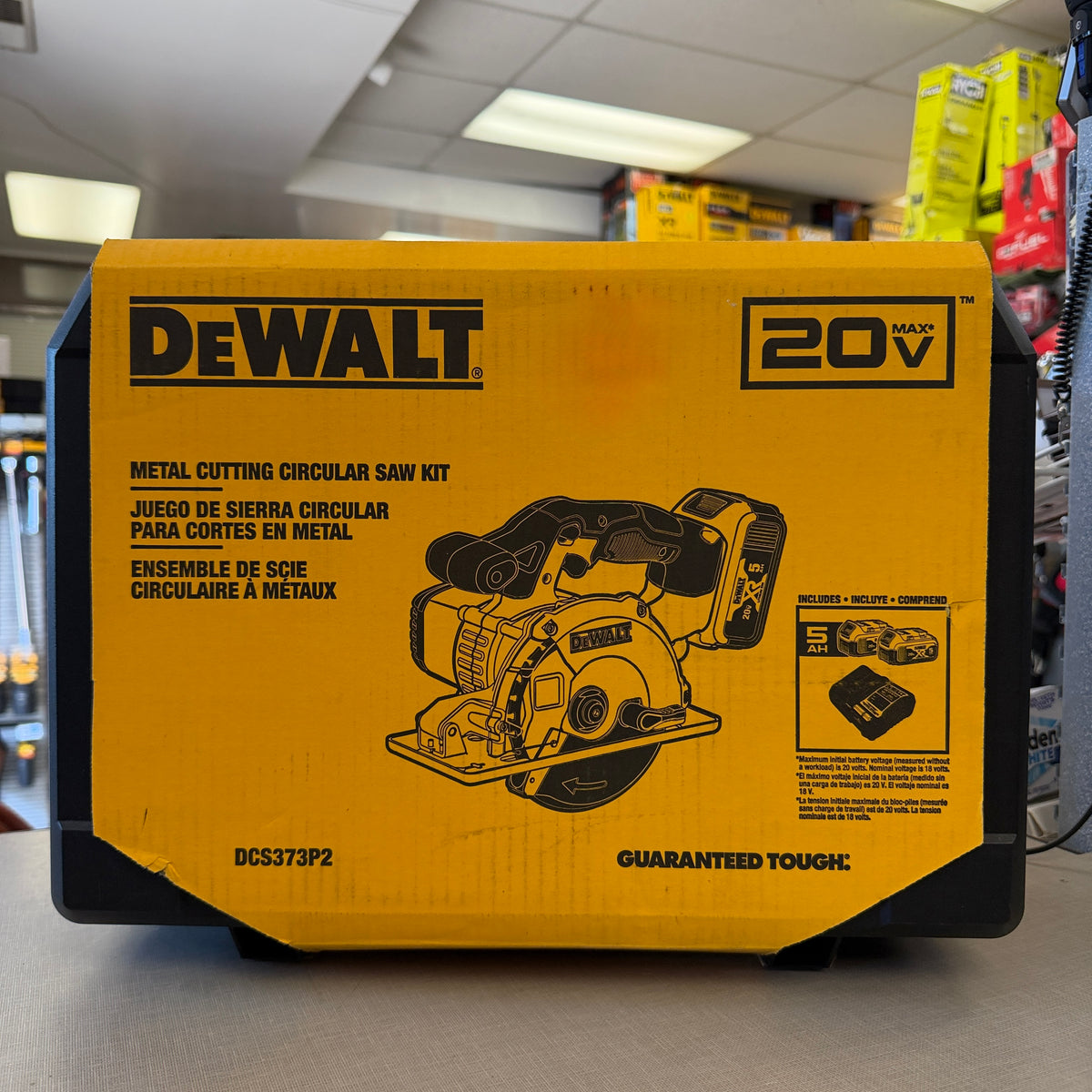 DEWALT DCS373P2 20V MAX cordless metal cutting circular saw kit in yellow retail box, front view